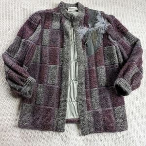 VTG 80s Dino Valiano 3D Mohair Leather Feather Cardigan Sweater Women's Medium
